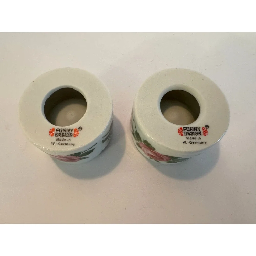 VTG W Germany Floral Taper Candle Holders Pair Cottagecore Pink Roses Ceramic